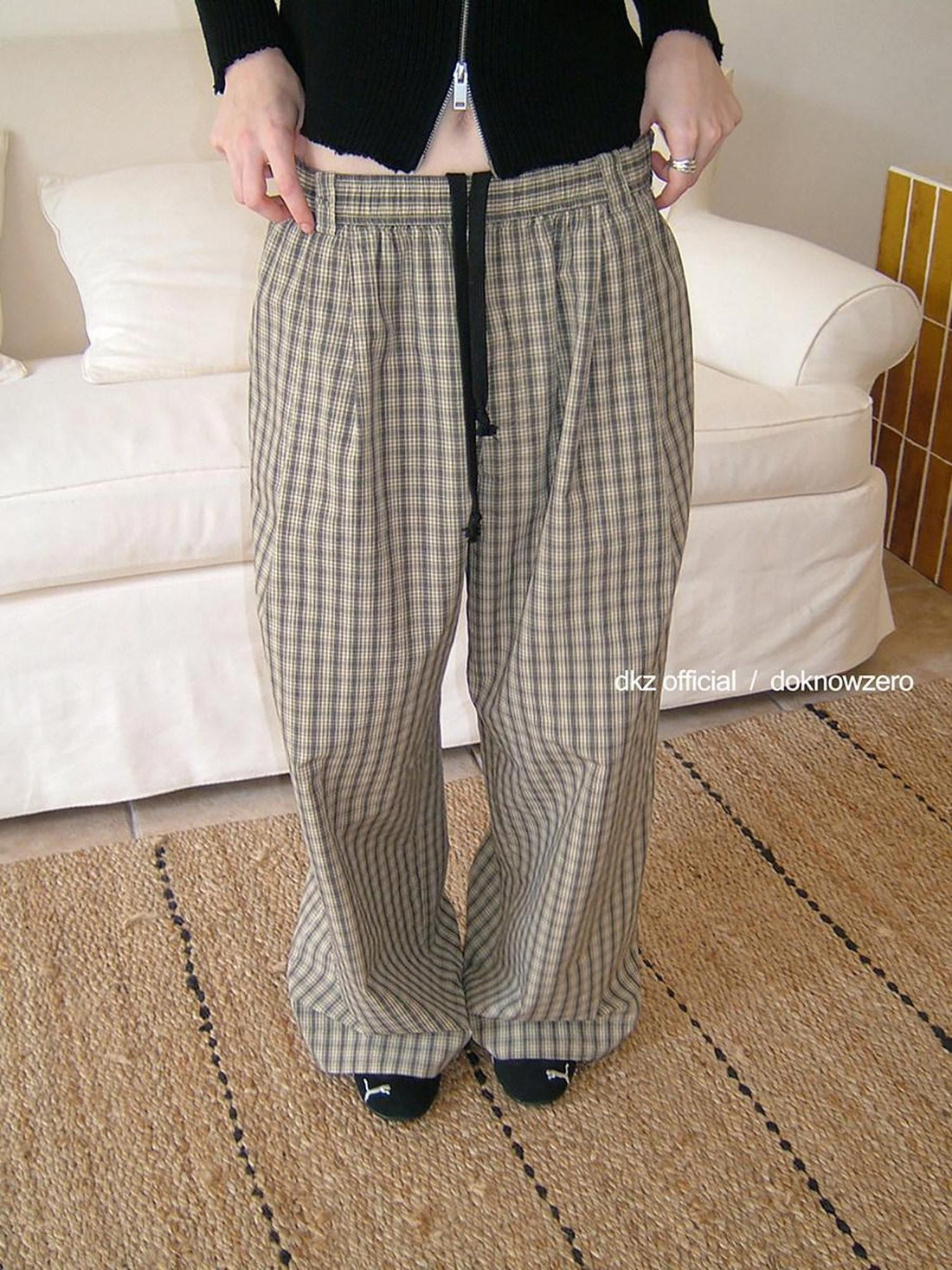 DKZ OFFICIAL Plaid Drawstring Pocket Vintage Women&