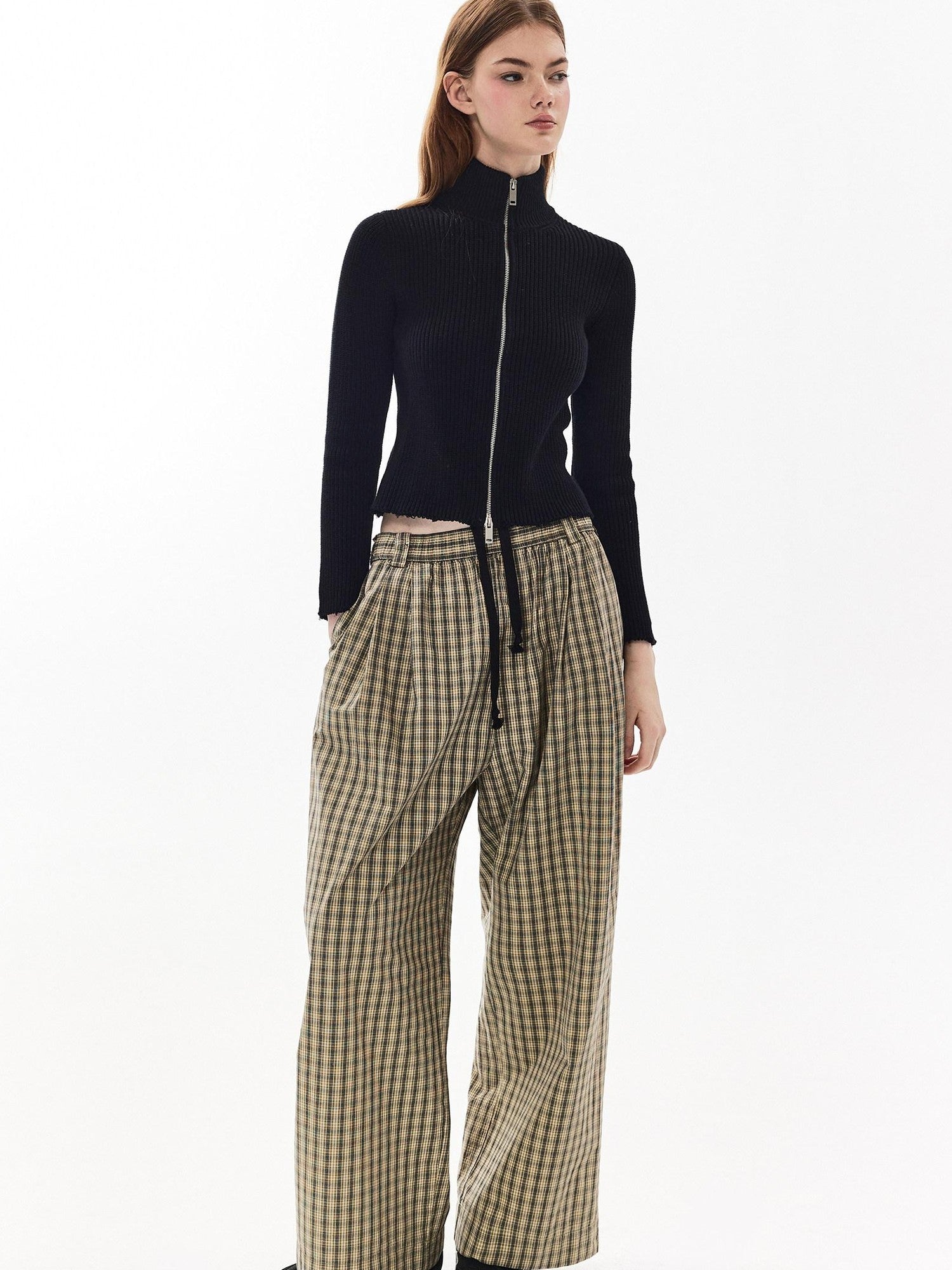 DKZ OFFICIAL Plaid Drawstring Pocket Vintage Women&