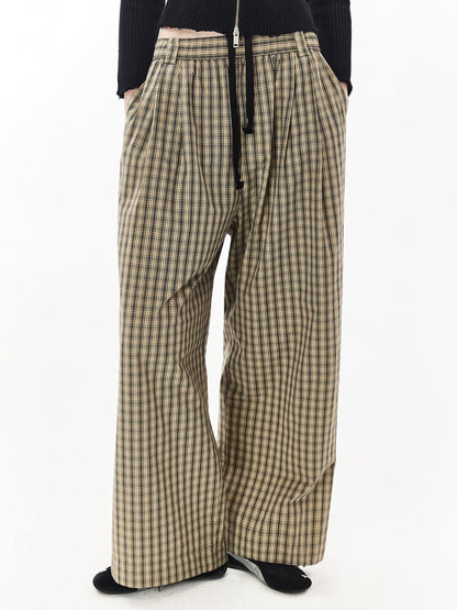 DKZ OFFICIAL Plaid Drawstring Pocket Vintage Women&