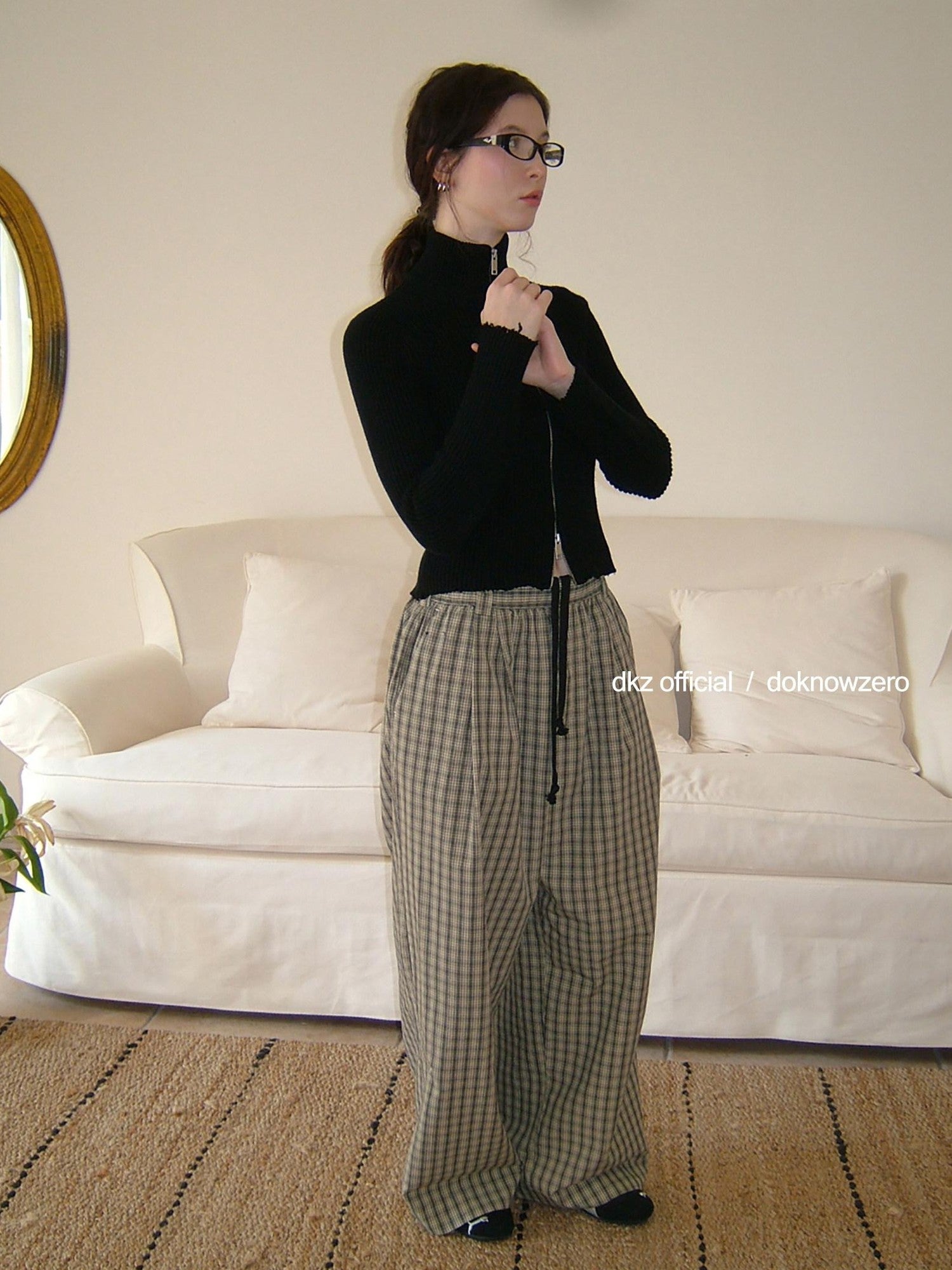 DKZ OFFICIAL Plaid Drawstring Pocket Vintage Women&