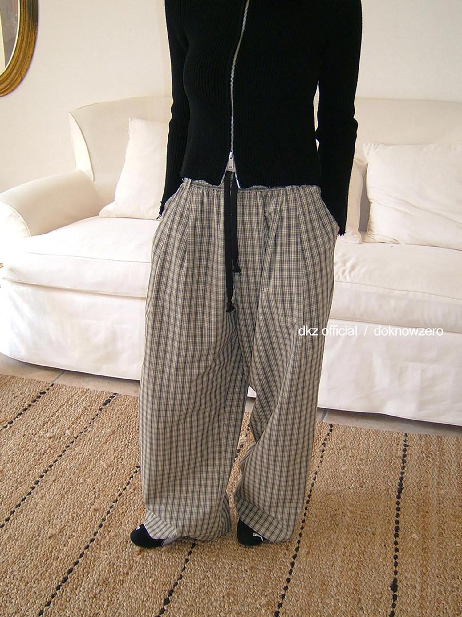 DKZ OFFICIAL Plaid Drawstring Pocket Vintage Women&