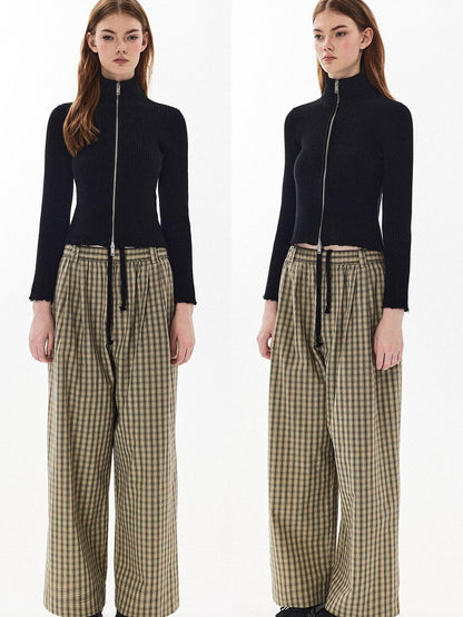 DKZ OFFICIAL Plaid Drawstring Pocket Vintage Women&