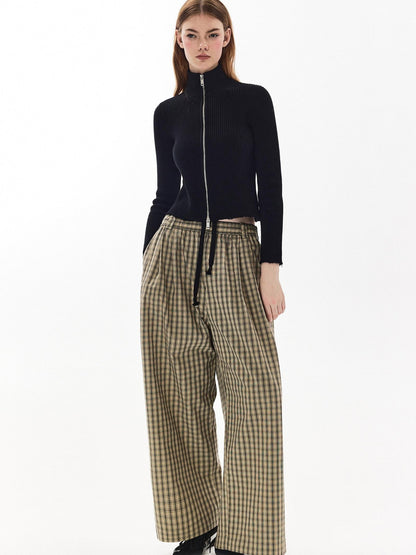 DKZ OFFICIAL Plaid Drawstring Pocket Vintage Women&