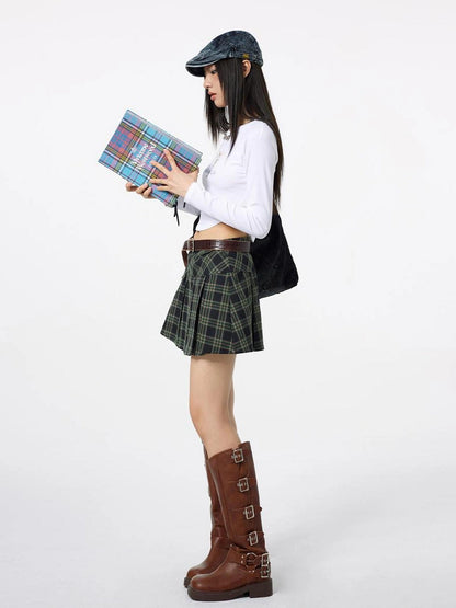 DKZ OFFICIAL Plaid High-Waist A-Line Pleated Mini Skirt