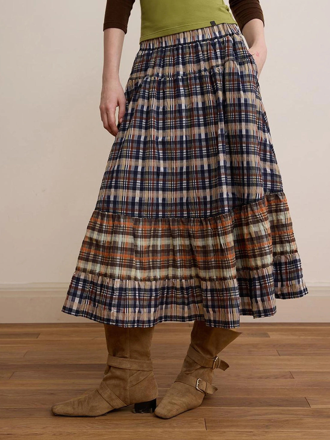 DKZ OFFICIAL Plaid Patchwork Midi Skirt Loose Retro A Line Skirt For Women