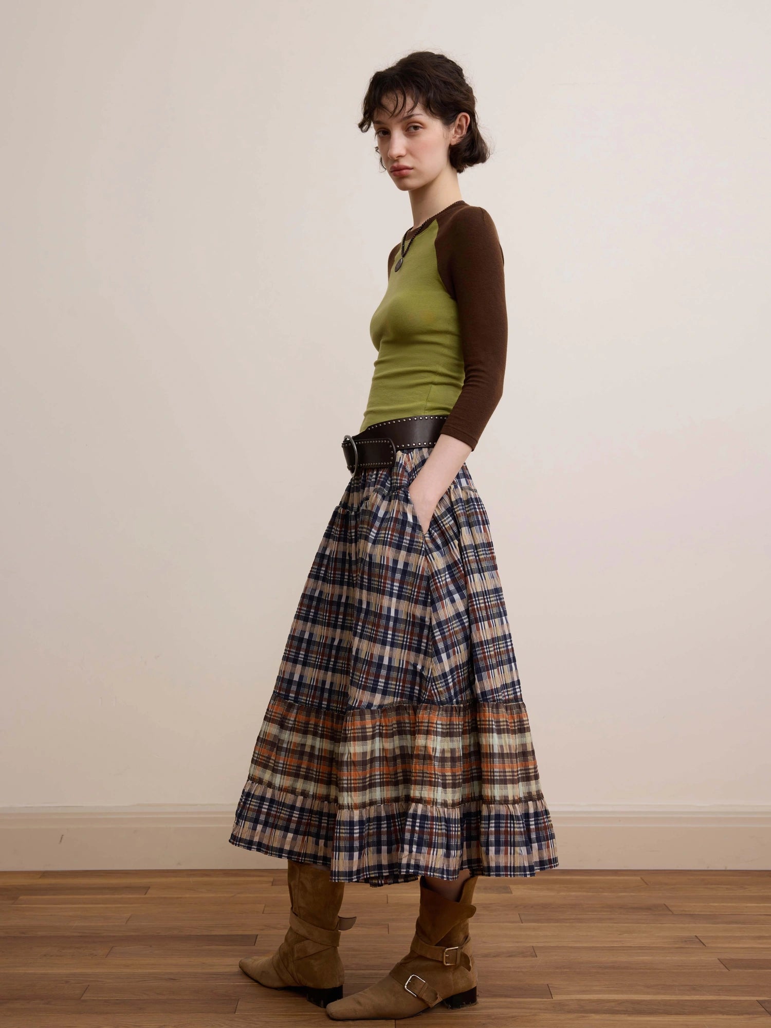 DKZ OFFICIAL Plaid Patchwork Midi Skirt Loose Retro A Line Skirt For Women
