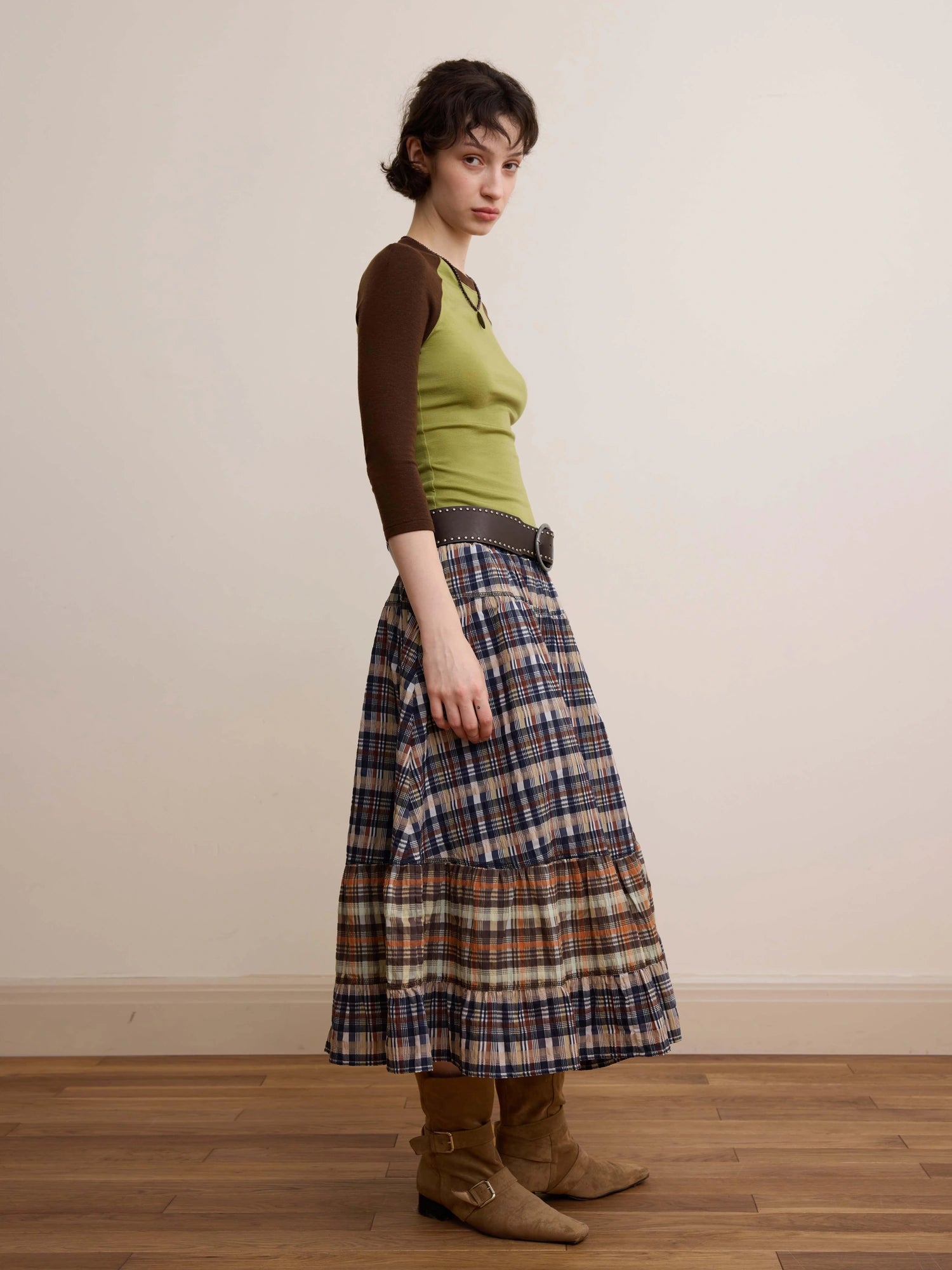 DKZ OFFICIAL Plaid Patchwork Midi Skirt Loose Retro A Line Skirt For Women