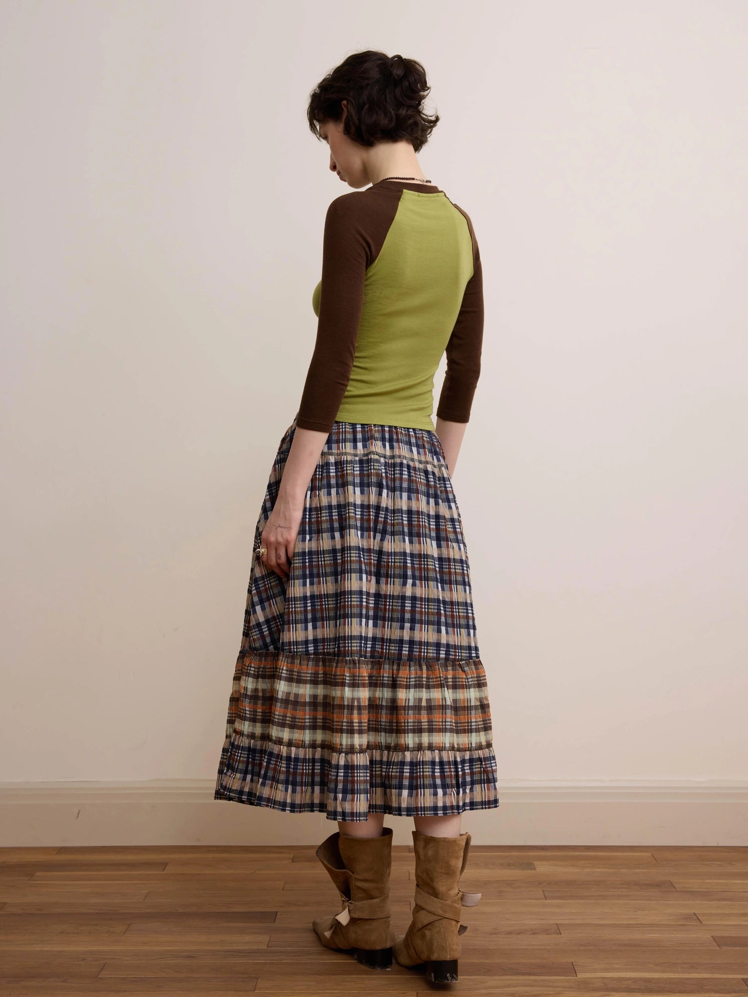 DKZ OFFICIAL Plaid Patchwork Midi Skirt Loose Retro A Line Skirt For Women