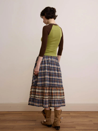 DKZ OFFICIAL Plaid Patchwork Midi Skirt Loose Retro A Line Skirt For Women