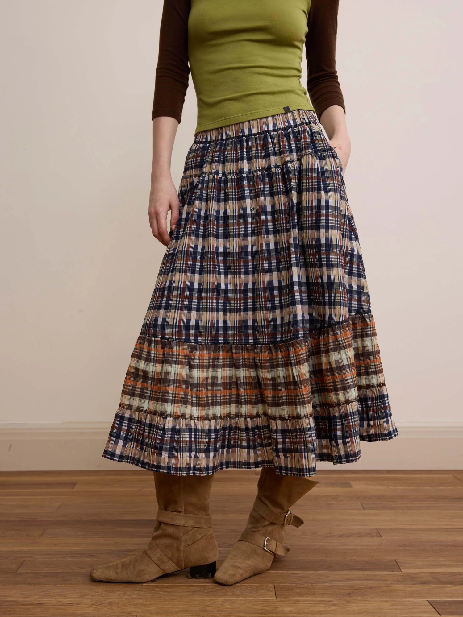 DKZ OFFICIAL Plaid Patchwork Midi Skirt Loose Retro A Line Skirt For Women