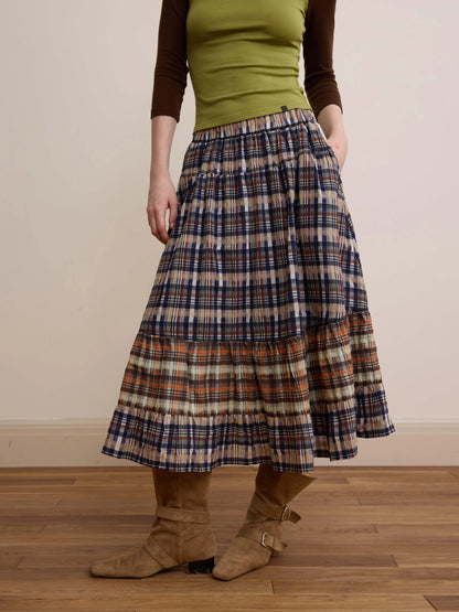 DKZ OFFICIAL Plaid Patchwork Midi Skirt Loose Retro A Line Skirt For Women
