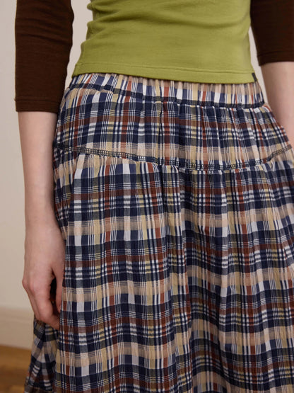 DKZ OFFICIAL Plaid Patchwork Midi Skirt Loose Retro A Line Skirt For Women