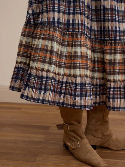 DKZ OFFICIAL Plaid Patchwork Midi Skirt Loose Retro A Line Skirt For Women