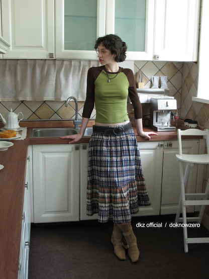 DKZ OFFICIAL Plaid Patchwork Midi Skirt Loose Retro A Line Skirt For Women