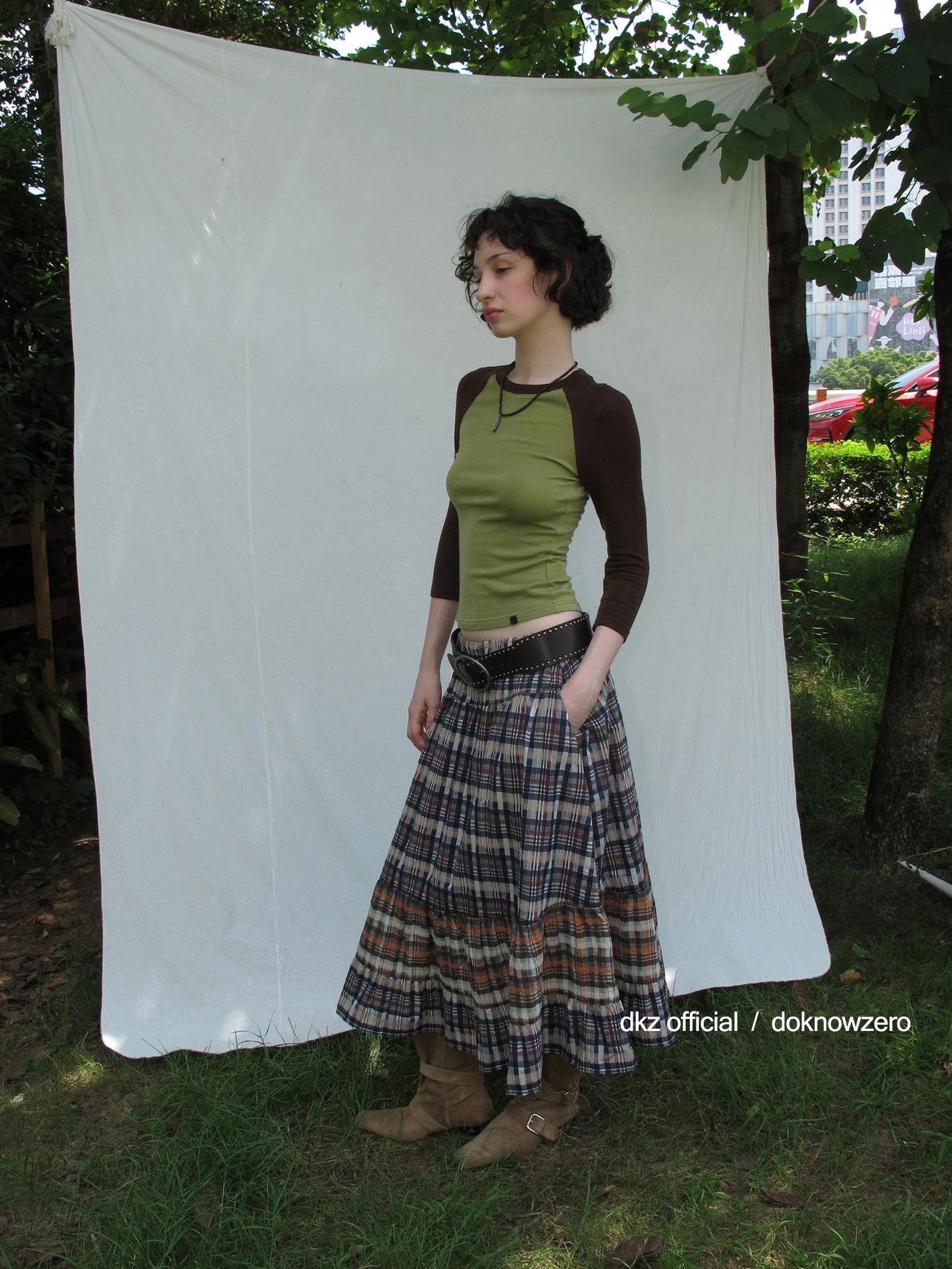DKZ OFFICIAL Plaid Patchwork Midi Skirt Loose Retro A Line Skirt For Women