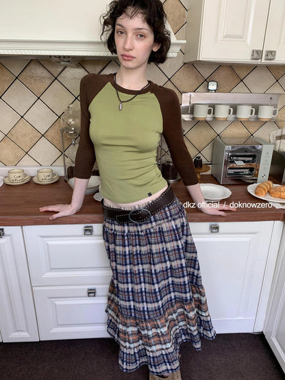 DKZ OFFICIAL Plaid Patchwork Midi Skirt Loose Retro A Line Skirt For Women