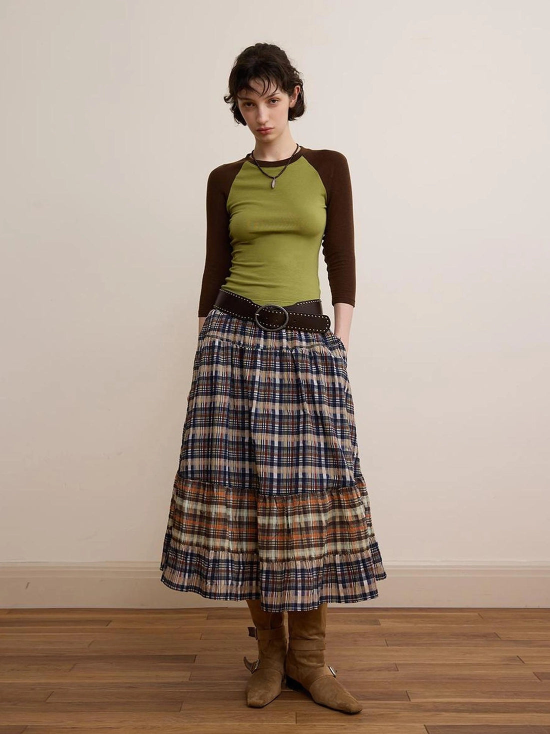 DKZ OFFICIAL Plaid Patchwork Midi Skirt Loose Retro A Line Skirt For Women