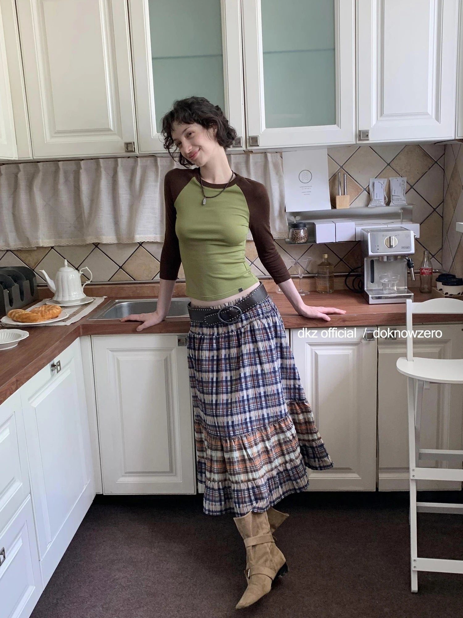 DKZ OFFICIAL Plaid Patchwork Midi Skirt Loose Retro A Line Skirt For Women
