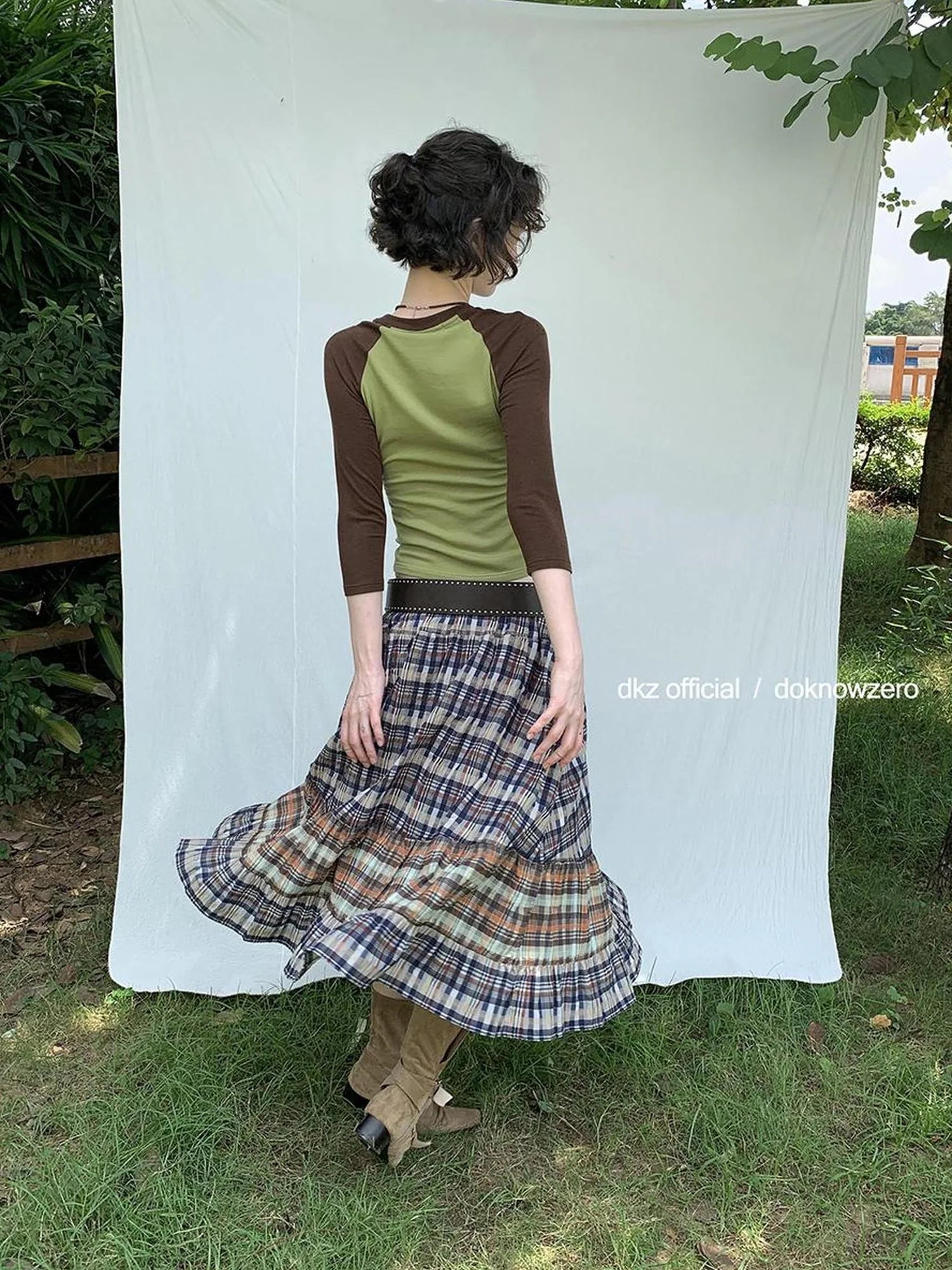 DKZ OFFICIAL Plaid Patchwork Midi Skirt Loose Retro A Line Skirt For Women