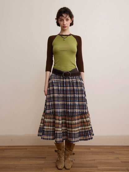 DKZ OFFICIAL Plaid Patchwork Midi Skirt Loose Retro A Line Skirt For Women