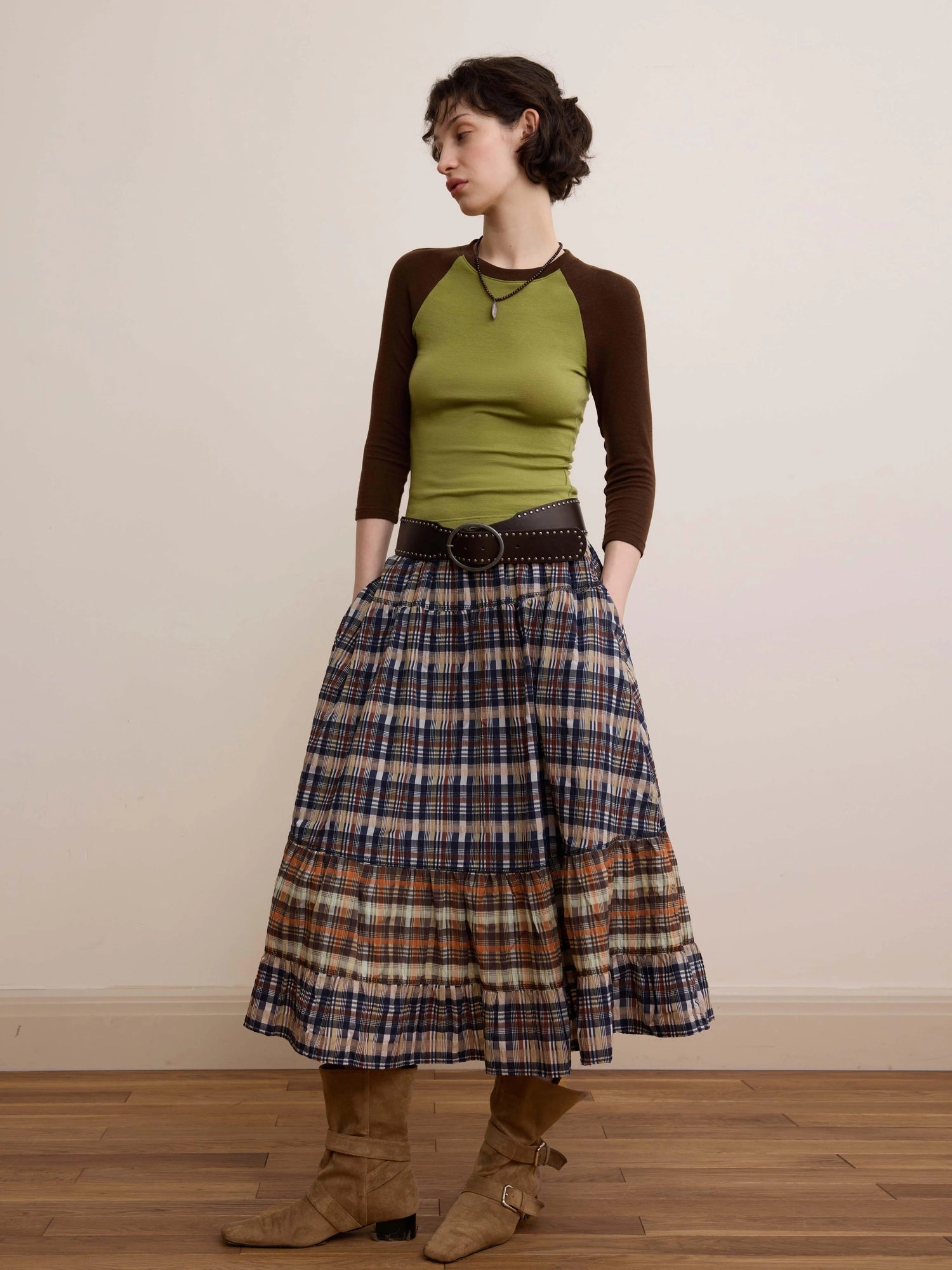 DKZ OFFICIAL Plaid Patchwork Midi Skirt Loose Retro A Line Skirt For Women