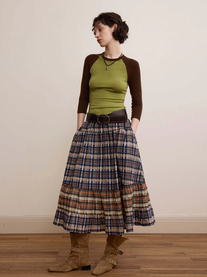 DKZ OFFICIAL Plaid Patchwork Midi Skirt Loose Retro A Line Skirt For Women