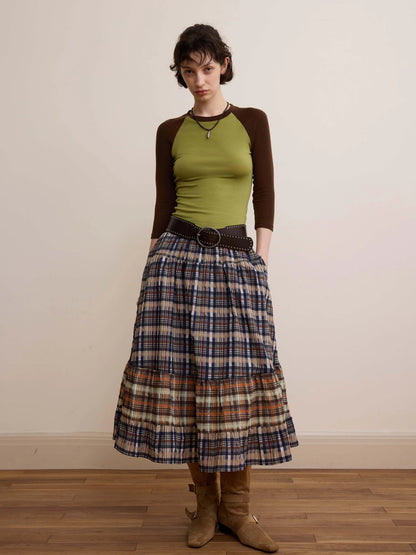 DKZ OFFICIAL Plaid Patchwork Midi Skirt Loose Retro A Line Skirt For Women