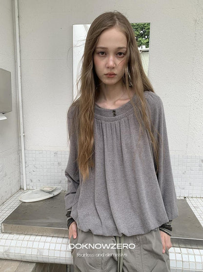 DKZ OFFICIAL Pleated Fleece Feel Round Neck Women&