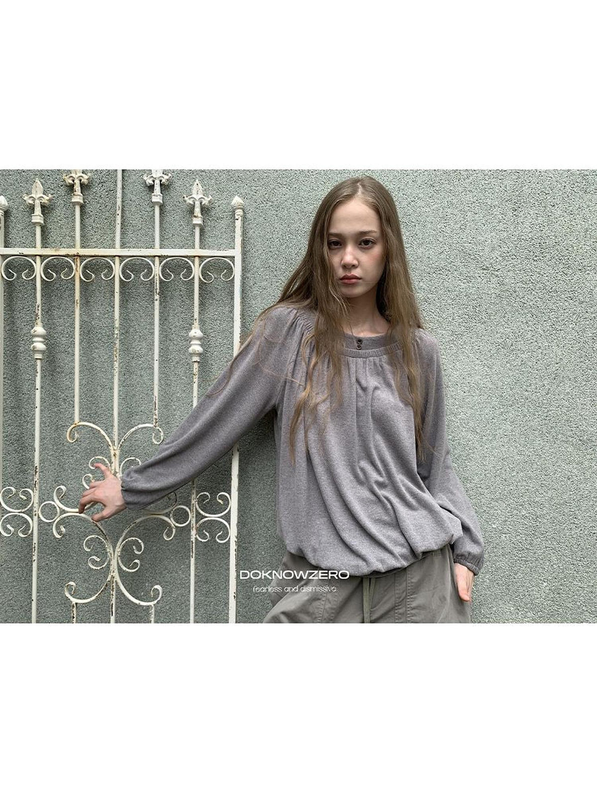 DKZ OFFICIAL Pleated Fleece Feel Round Neck Women&