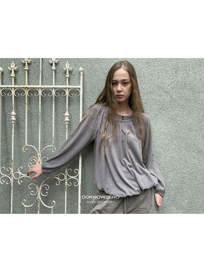 DKZ OFFICIAL Pleated Fleece Feel Round Neck Women&