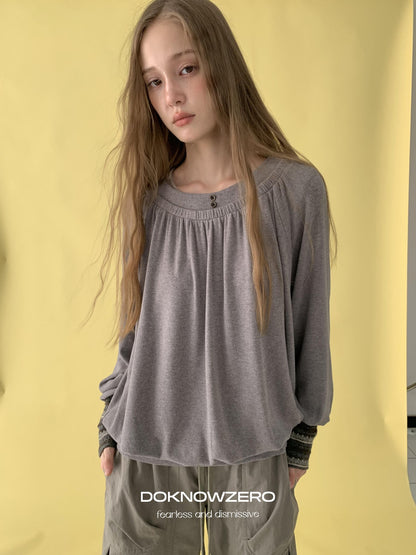 DKZ OFFICIAL Pleated Fleece Feel Round Neck Women&