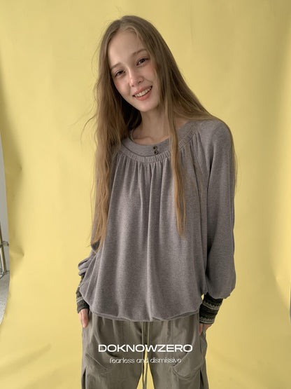 DKZ OFFICIAL Pleated Fleece Feel Round Neck Women&