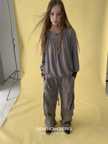 DKZ OFFICIAL Pleated Fleece Feel Round Neck Women&