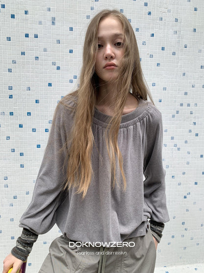 DKZ OFFICIAL Pleated Fleece Feel Round Neck Women&