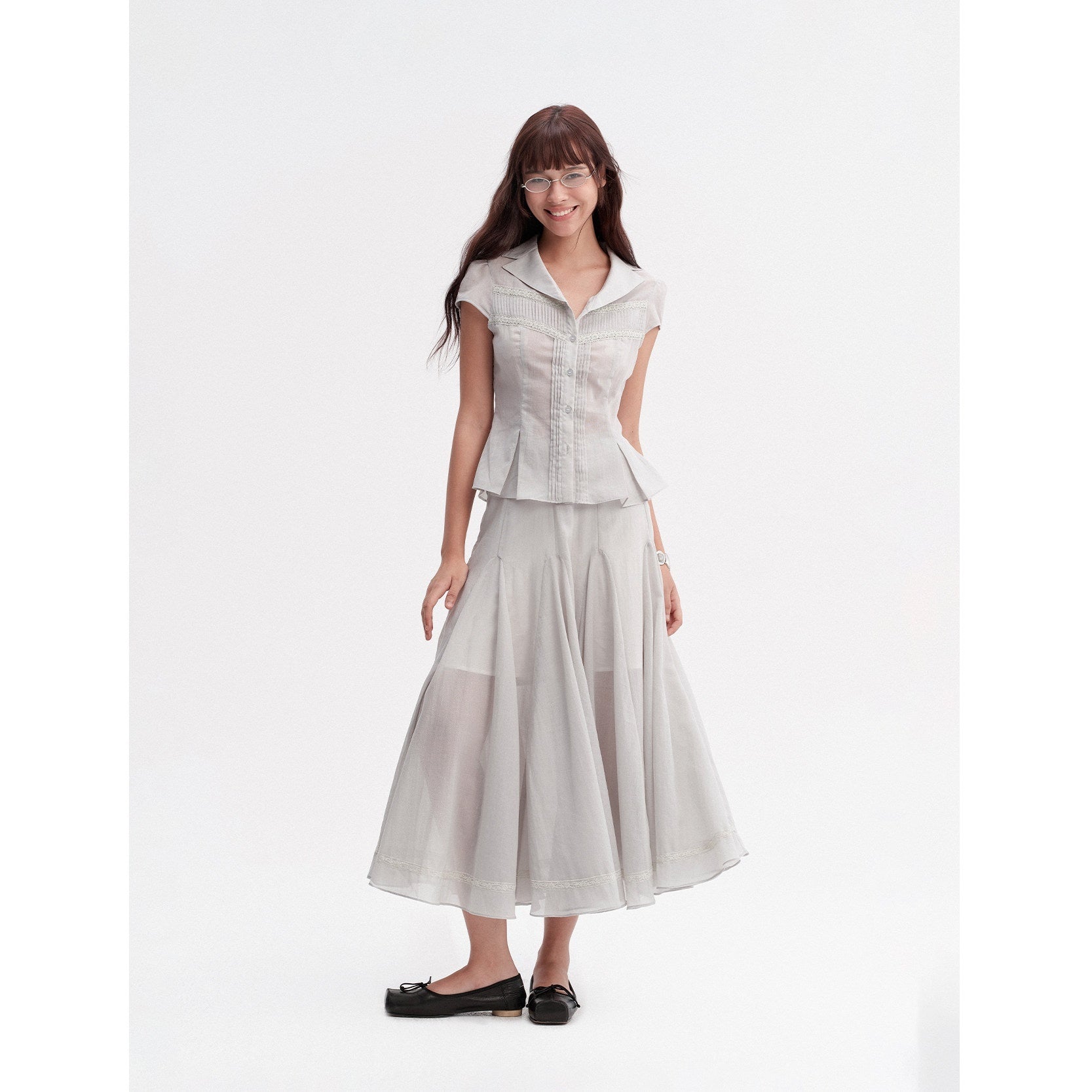 DKZ_OFFICIAL_Pleated_Lace_Waist_Short_Sleeve_Fishtail_Women&