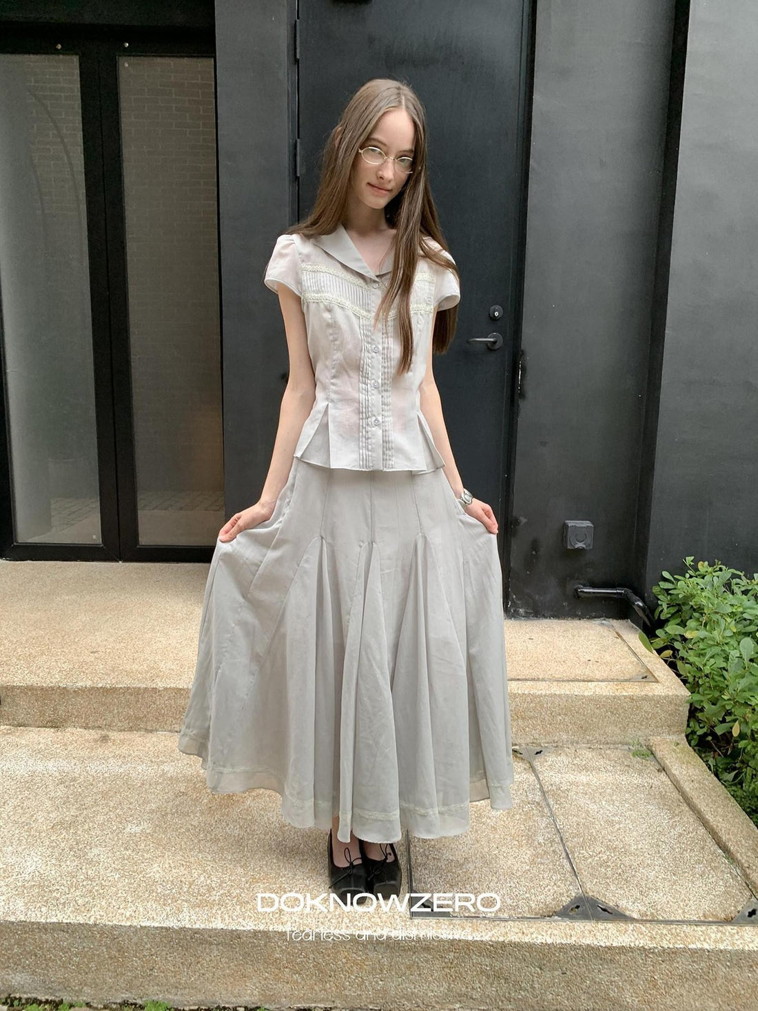 DKZ OFFICIAL Pleated Lace Waist Short Sleeve Fishtail Women&