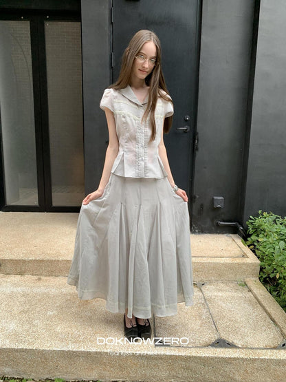 DKZ OFFICIAL Pleated Lace Waist Short Sleeve Fishtail Women&