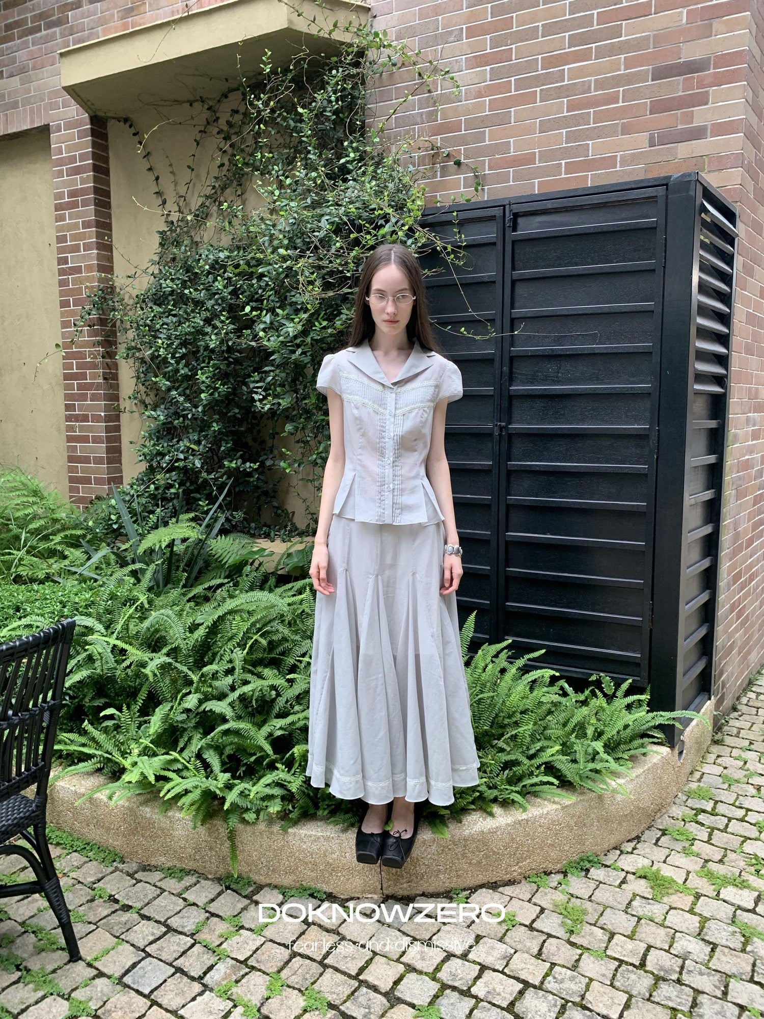 DKZ OFFICIAL Pleated Lace Waist Short Sleeve Fishtail Women&