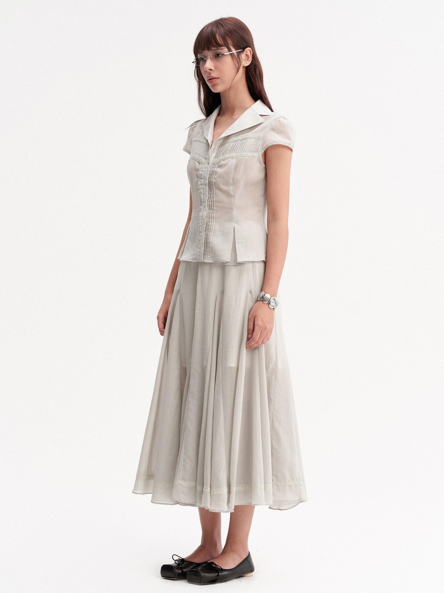 DKZ OFFICIAL Pleated Lace Waist Short Sleeve Fishtail Women&