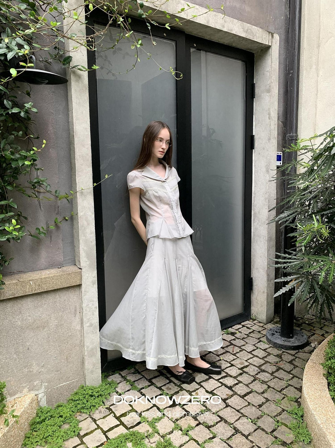 DKZ OFFICIAL Pleated Lace Waist Short Sleeve Fishtail Women&