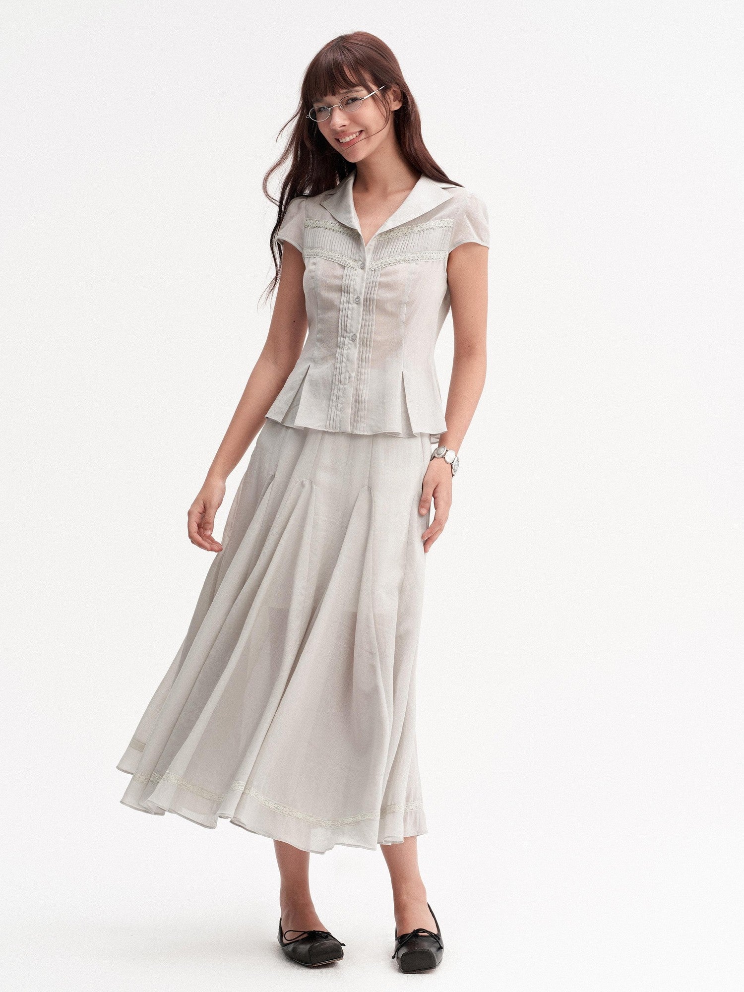 DKZ OFFICIAL Pleated Lace Waist Short Sleeve Fishtail Women&