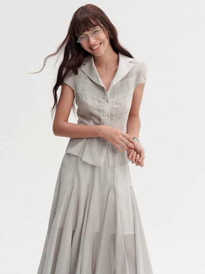 DKZ OFFICIAL Pleated Lace Waist Short Sleeve Fishtail Women&