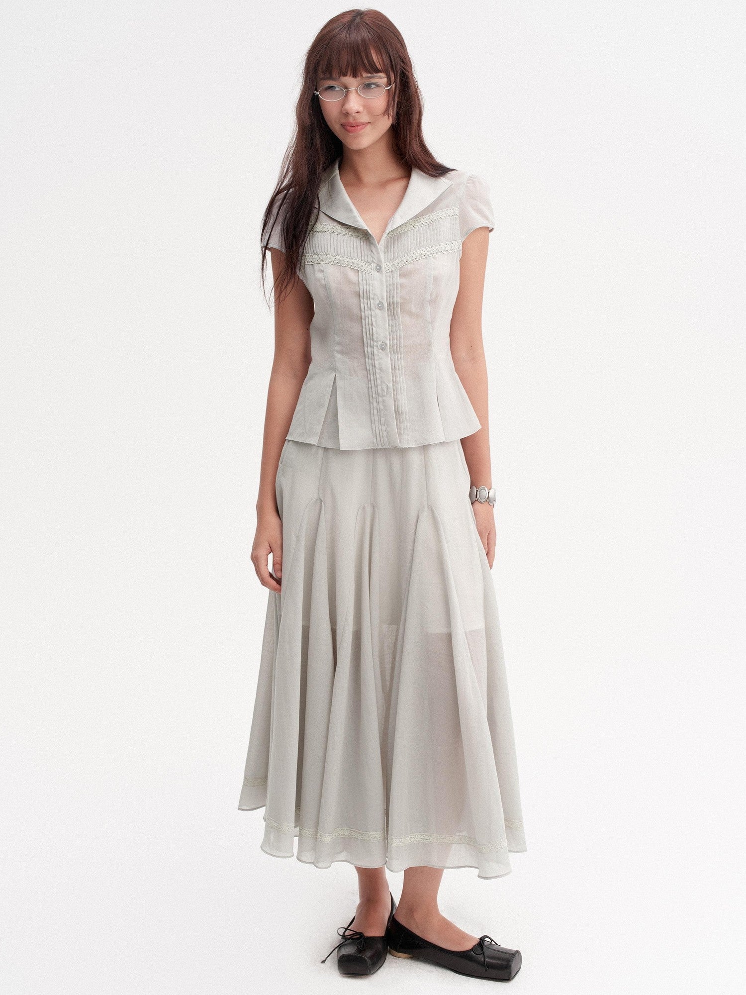 DKZ OFFICIAL Pleated Lace Waist Short Sleeve Fishtail Women&