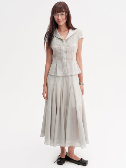 DKZ OFFICIAL Pleated Lace Waist Short Sleeve Fishtail Women&