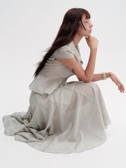 DKZ OFFICIAL Pleated Lace Waist Short Sleeve Fishtail Women&