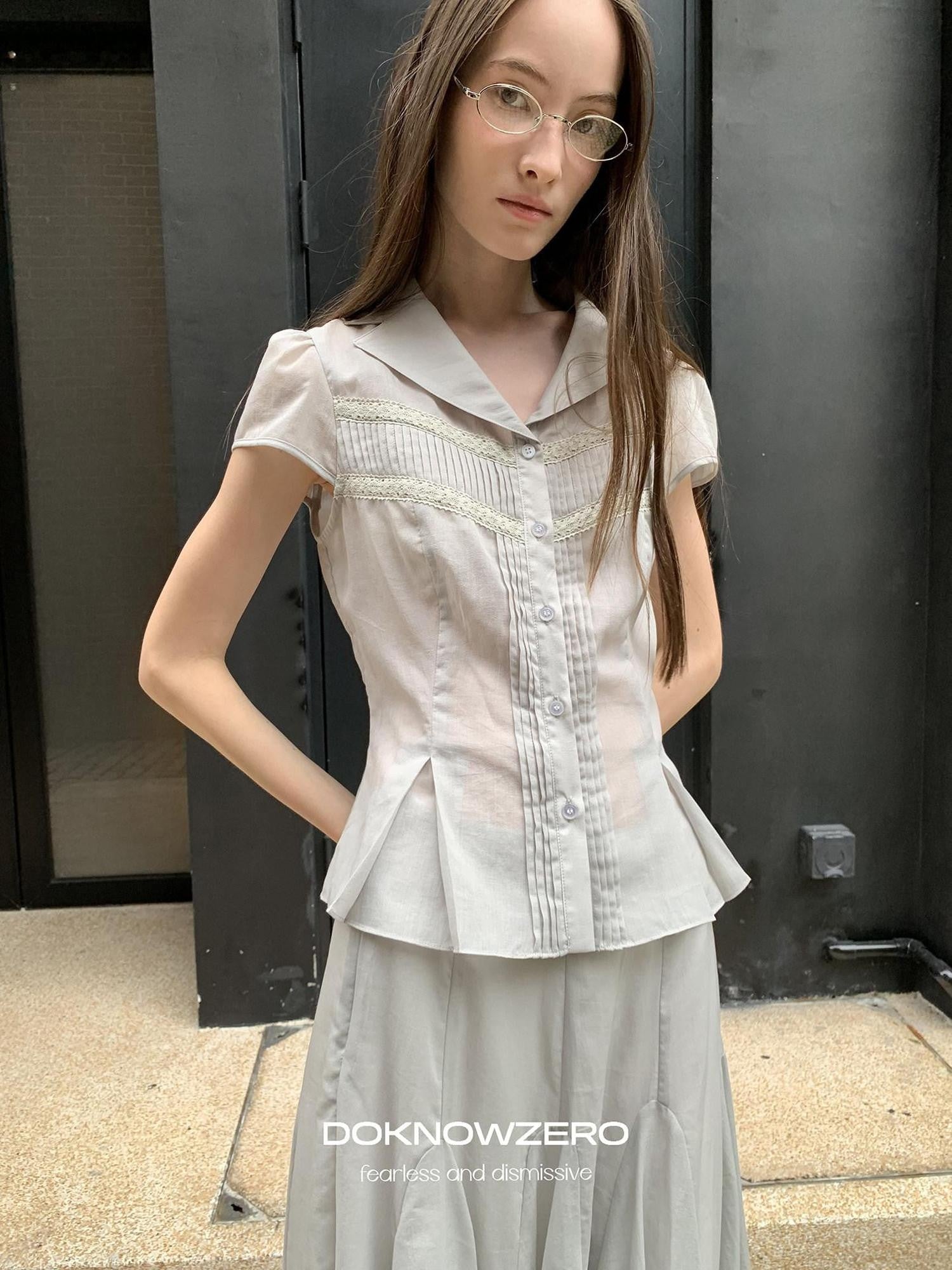 DKZ OFFICIAL Pleated Lace Waist Short Sleeve Fishtail Women&