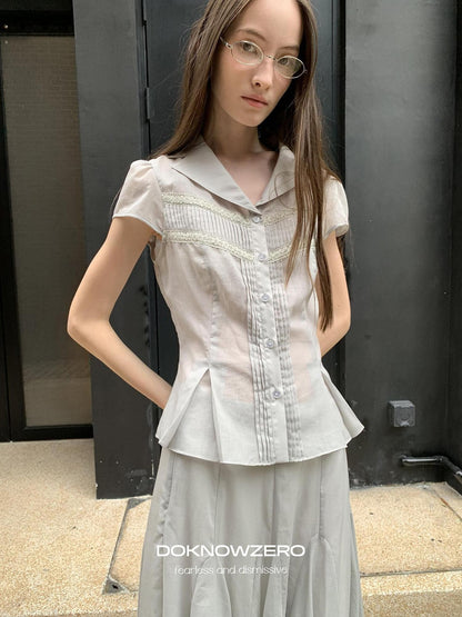 DKZ OFFICIAL Pleated Lace Waist Short Sleeve Fishtail Women&