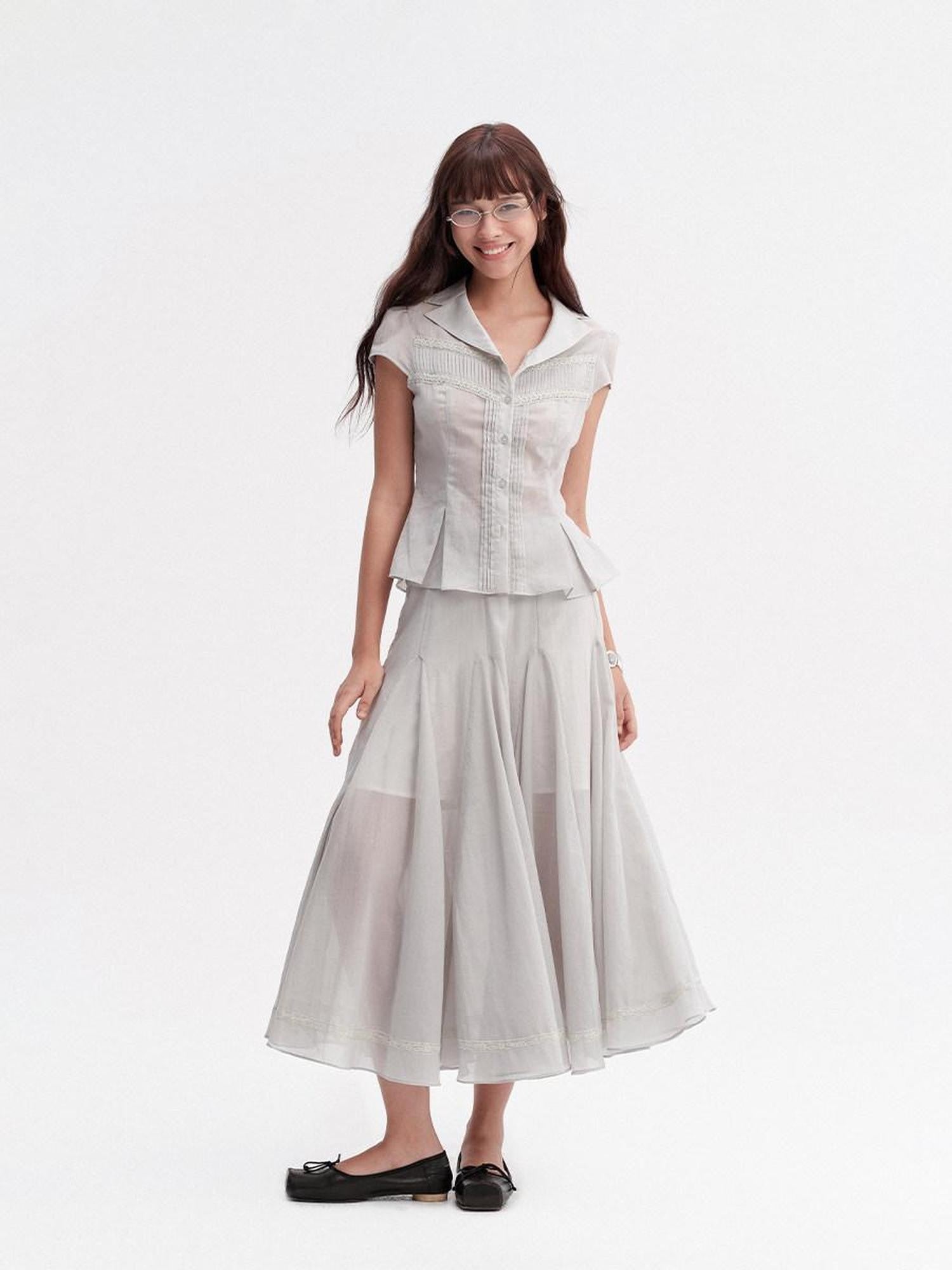 DKZ OFFICIAL Pleated Lace Waist Short Sleeve Fishtail Women&