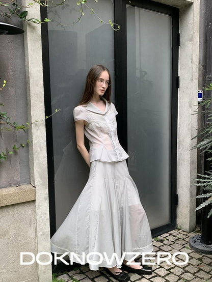 DKZ OFFICIAL Pleated Lace Waist Short Sleeve Fishtail Women&