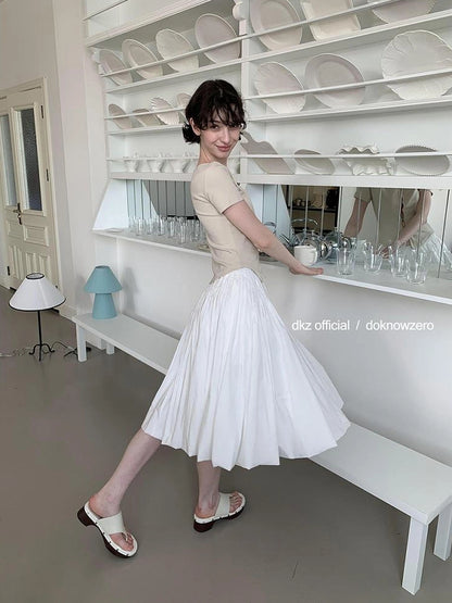 DKZ OFFICIAL Pleated Midi Skirt With Shirred Waist